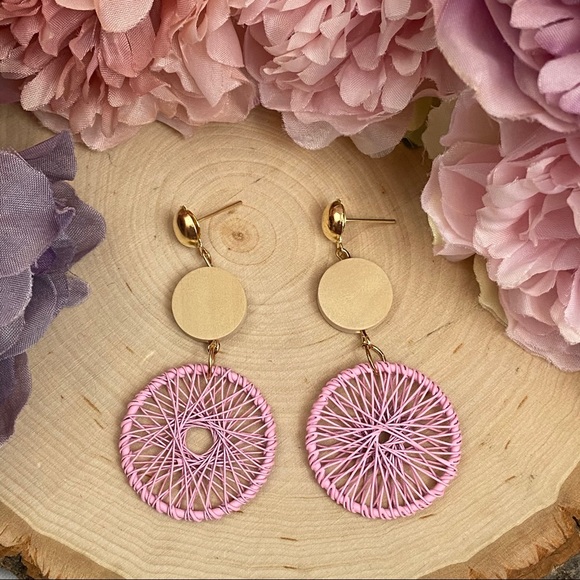 Boho Wood Woven Pink Dream Catcher Earrings - Picture 5 of 14